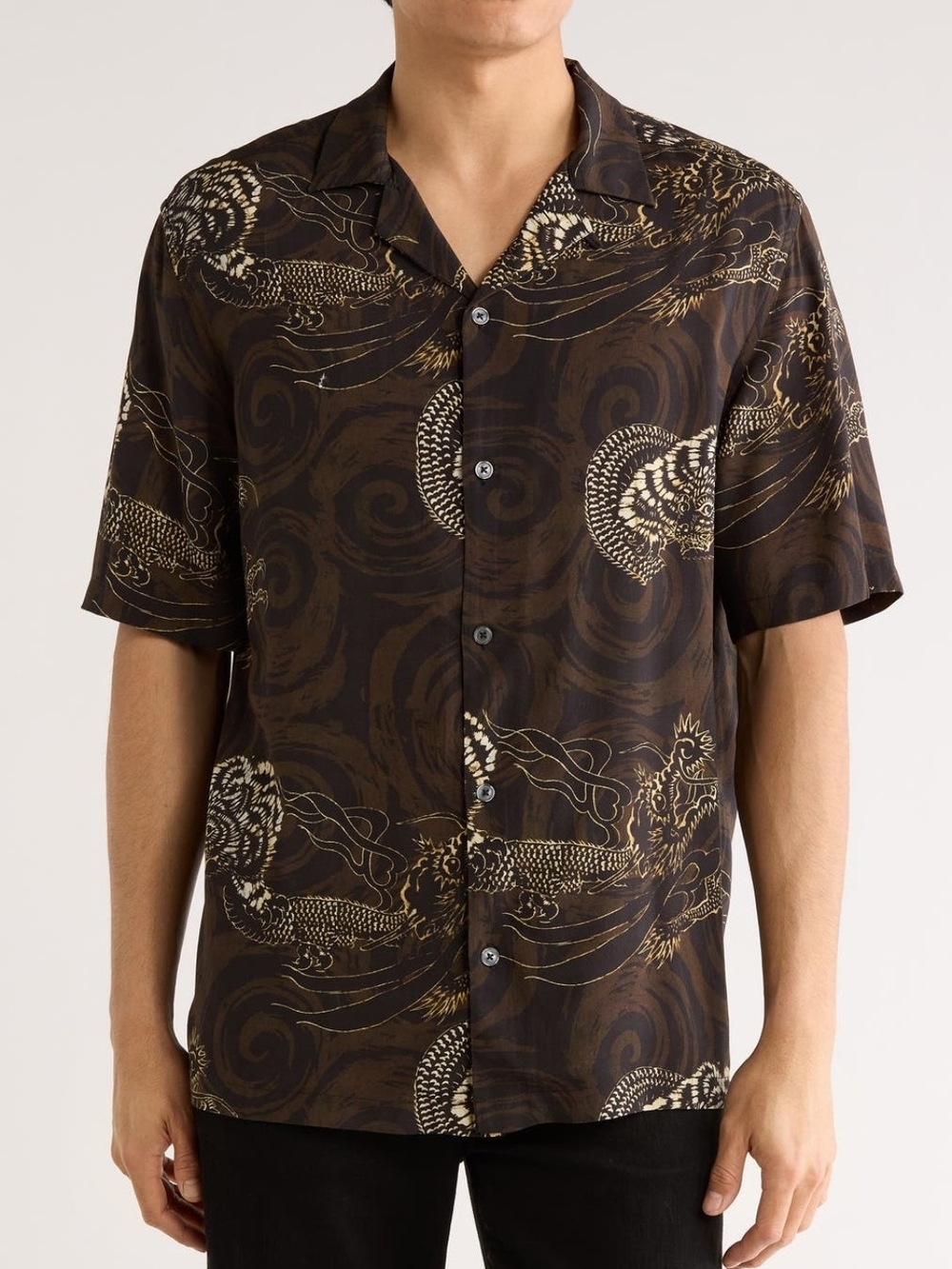 All Saints Brown & Cream Dragon-Print Short Sleeve Button-Down Shirt